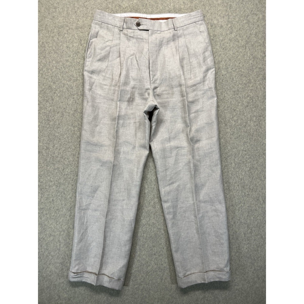 Bullock & Jones Mens Linen Pleated Dress Pants Beige Tan Cuffed Size 36